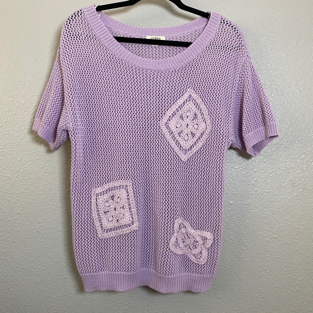 Umgree Open Knit Sweater Small Purple Patchwork Crochet Autumn Fall Layering